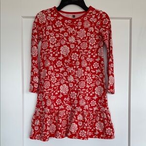 Floral & Butterflies Coral Red Peplum Dress by Tea Collection, Like new! Size 8